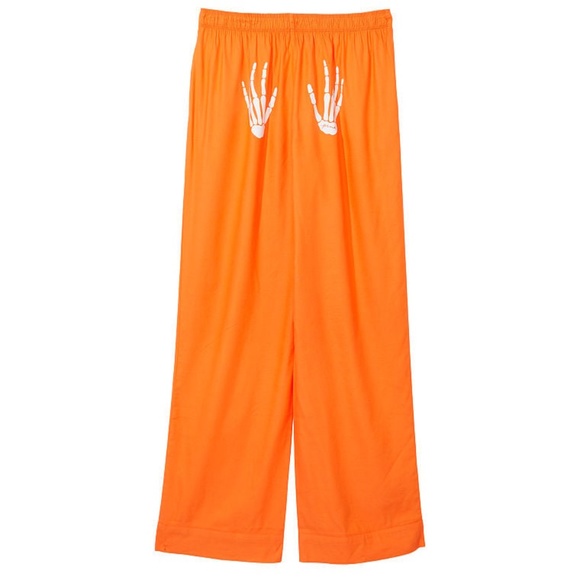 Victoria's Secret PINK Flannel Pajama Pants Orange w Skeleton Hands Large NEW - Picture 3 of 5